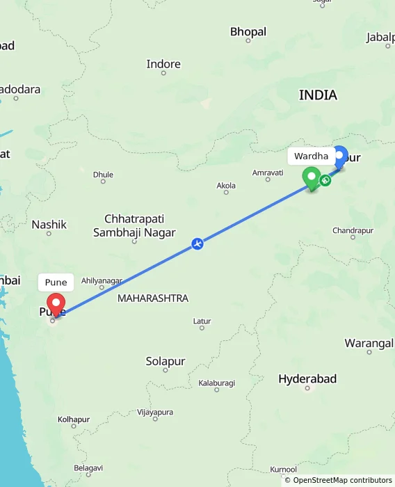Route map showing distance and travel time from Wardha, India to Pune, India