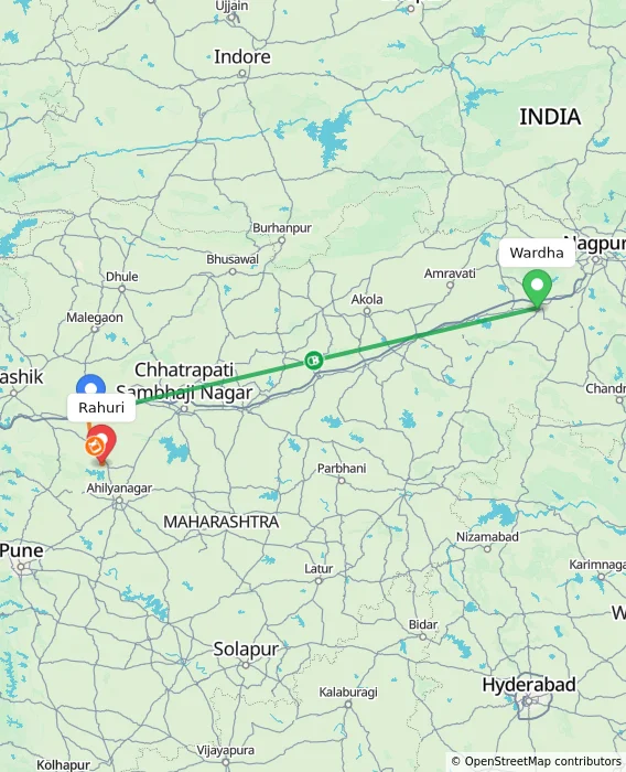Route map showing distance and travel time from Wardha, India to Rahuri, India