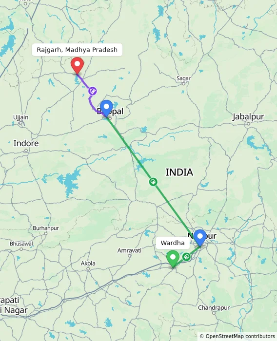 Route map showing distance and travel time from Wardha, India to Rajgarh, Madhya Pradesh, India