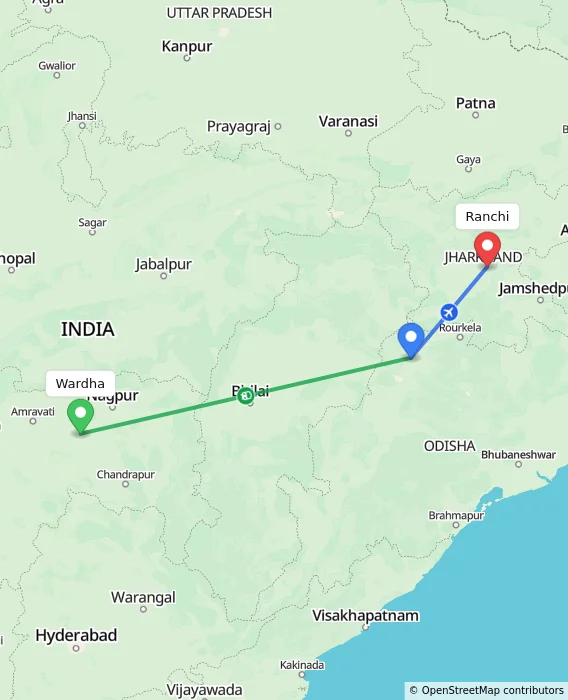 Route map showing distance and travel time from Wardha, India to Ranchi, India
