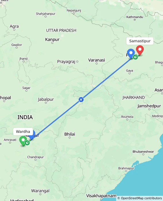 Route map showing distance and travel time from Wardha, India to Samastipur, India