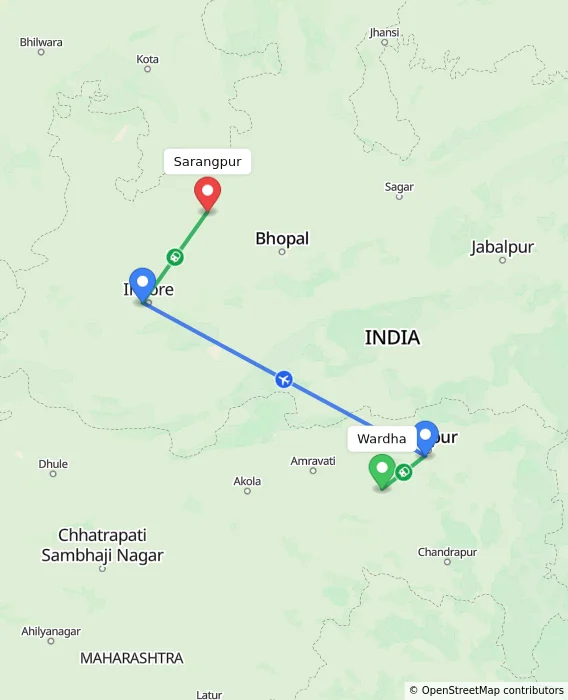 Route map showing distance and travel time from Wardha, India to Sarangpur, India