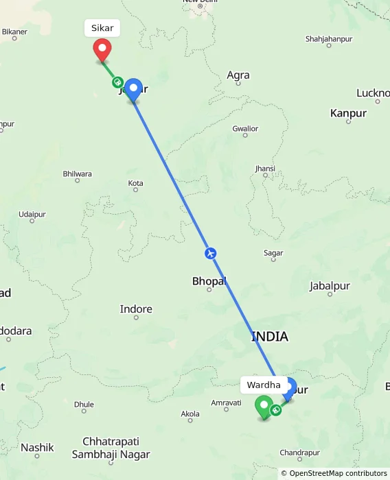 Route map showing distance and travel time from Wardha, India to Sikar, India