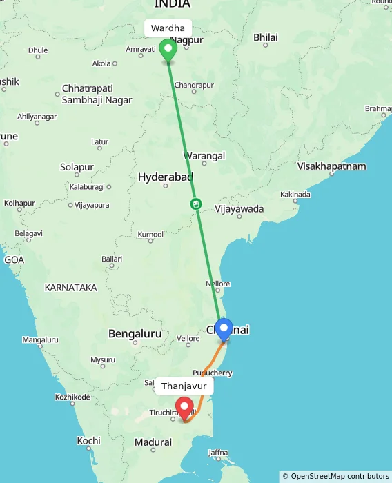 Route map showing distance and travel time from Wardha, India to Thanjavur, India