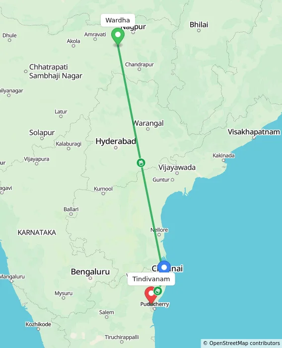 Route map showing distance and travel time from Wardha, India to Tindivanam, India