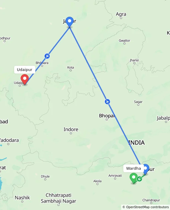 Route map showing distance and travel time from Wardha, India to Udaipur, India