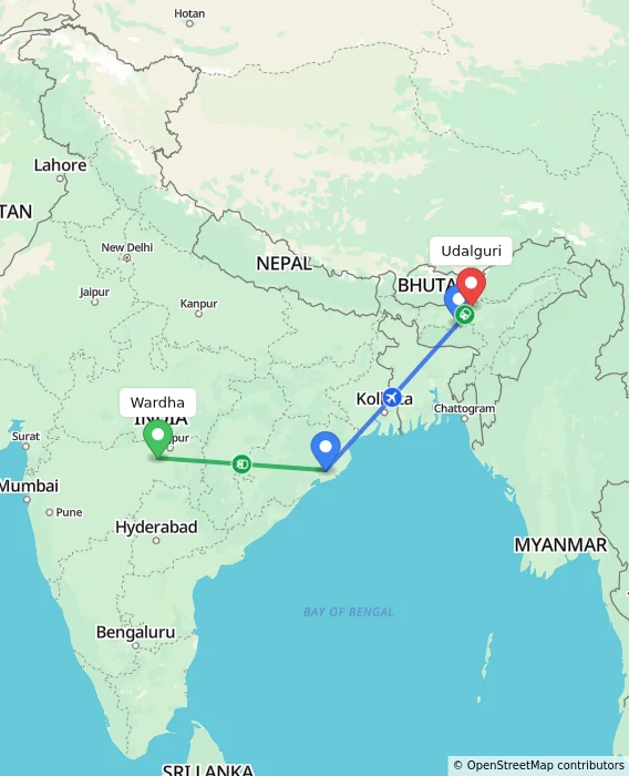 Route map showing distance and travel time from Wardha, India to Udalguri, India