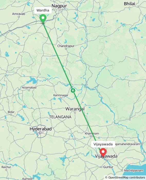 Route map showing distance and travel time from Wardha, India to Vijayawada, India