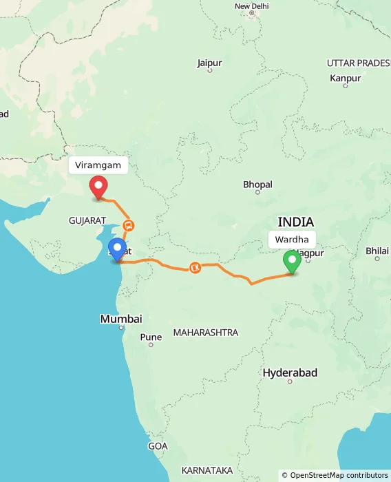 Route map showing distance and travel time from Wardha, India to Viramgam, India