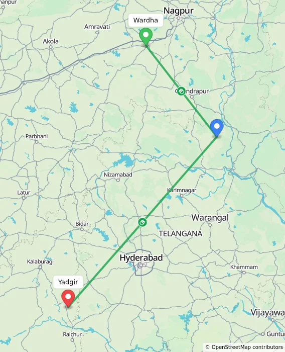 Route map showing distance and travel time from Wardha, India to Yadgir, India