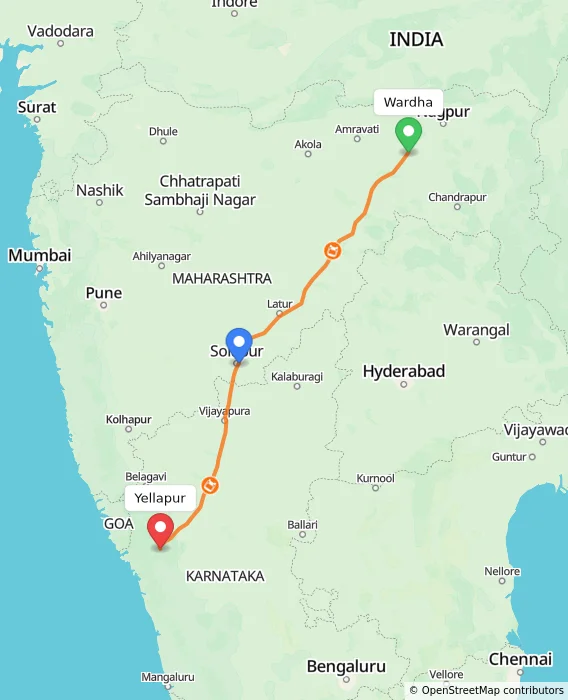 Route map showing distance and travel time from Wardha, India to Yellapur, India