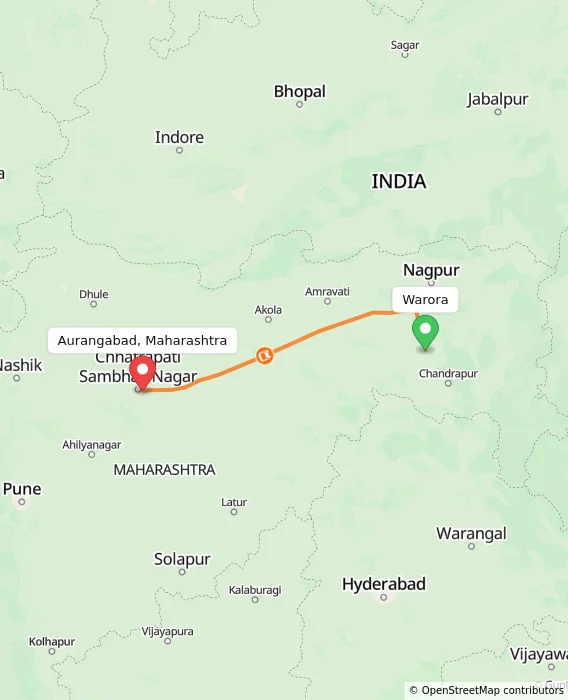 Route map showing distance and travel time from Warora, India to Aurangabad, Maharashtra, India