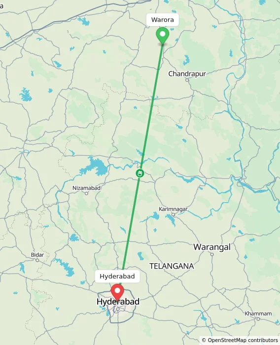 Route map showing distance and travel time from Warora, India to Hyderabad, India