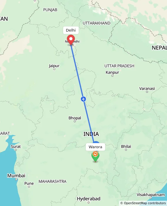 Route map showing distance and travel time from Warora, India to Delhi, India