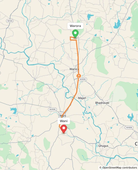 Route map showing distance and travel time from Warora, India to Wani, India