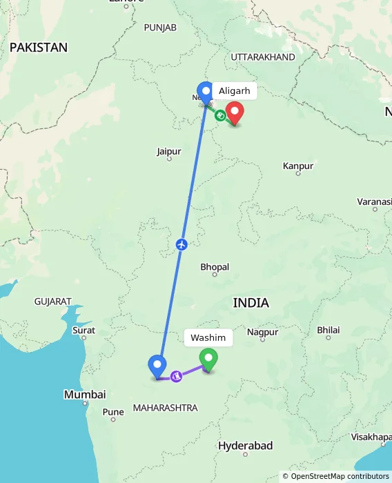 Route map showing distance and travel time from Washim, India to Aligarh, India