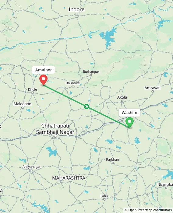 Route map showing distance and travel time from Washim, India to Amalner, India