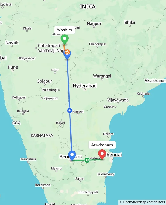 Route map showing distance and travel time from Washim, India to Arakkonam, India