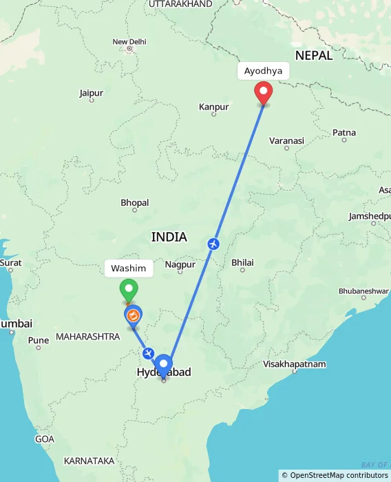 Route map showing distance and travel time from Washim, India to Ayodhya, India