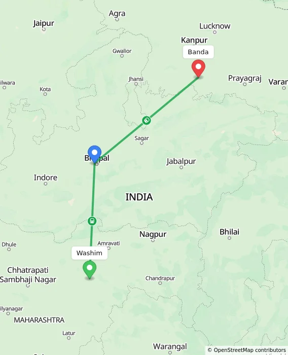 Route map showing distance and travel time from Washim, India to Banda, India