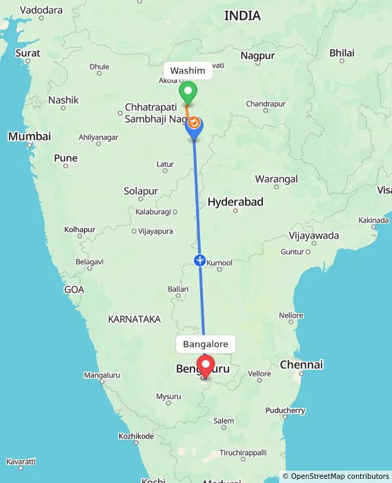 Route map showing distance and travel time from Washim, India to Bangalore, India