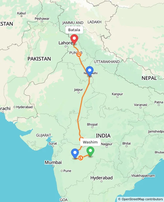 Route map showing distance and travel time from Washim, India to Batala, India