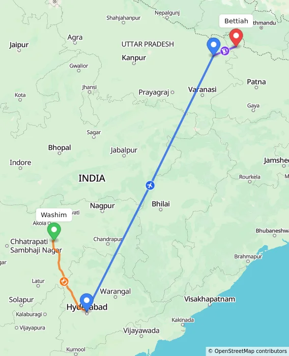 Route map showing distance and travel time from Washim, India to Bettiah, India