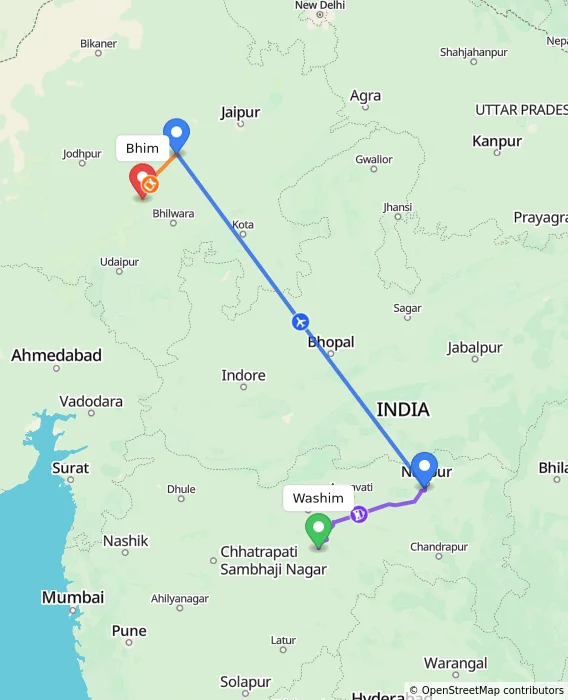 Route map showing distance and travel time from Washim, India to Bhim, India