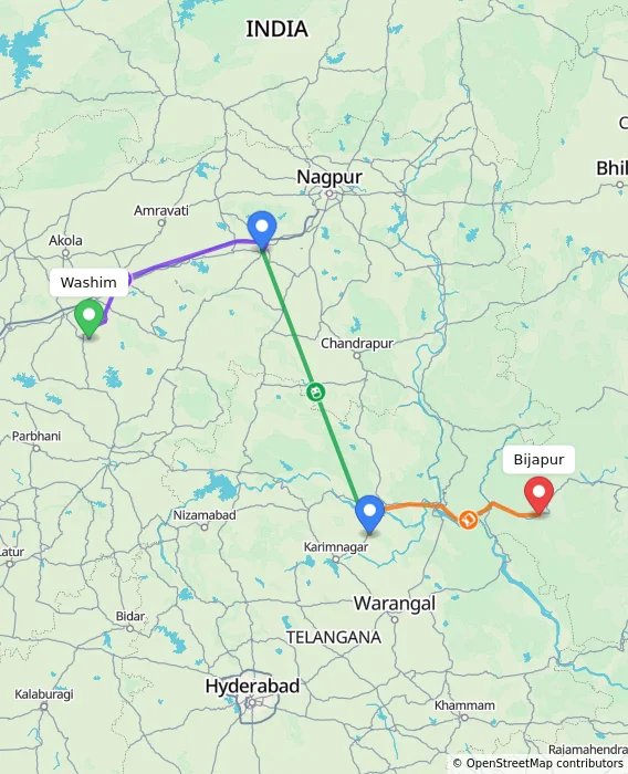 Route map showing distance and travel time from Washim, India to Bijapur, India