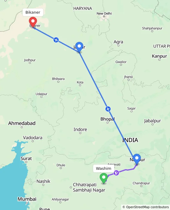 Route map showing distance and travel time from Washim, India to Bikaner, India