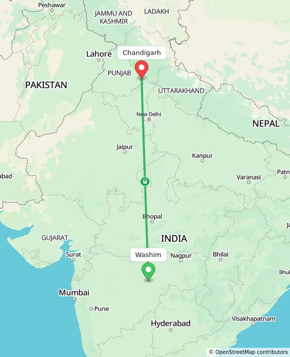 Route map showing distance and travel time from Washim, India to Chandigarh, India