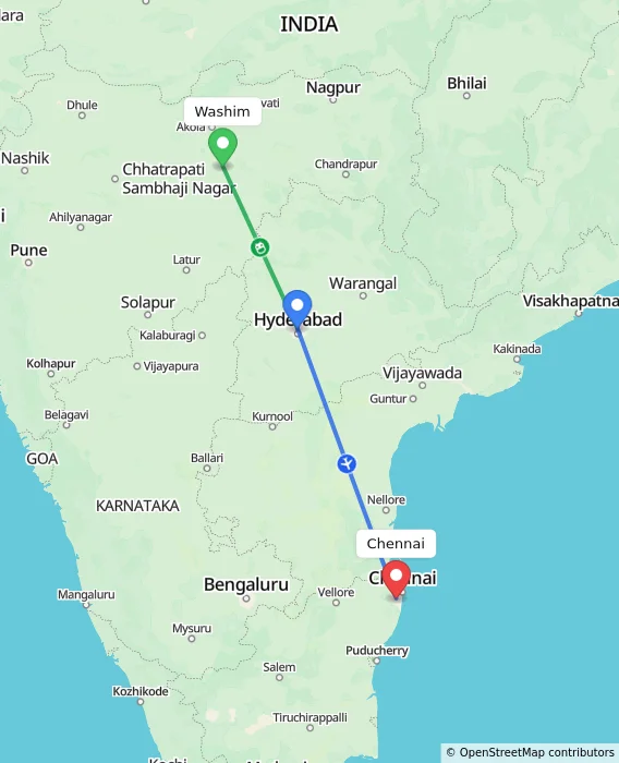 Route map showing distance and travel time from Washim, India to Chennai, India