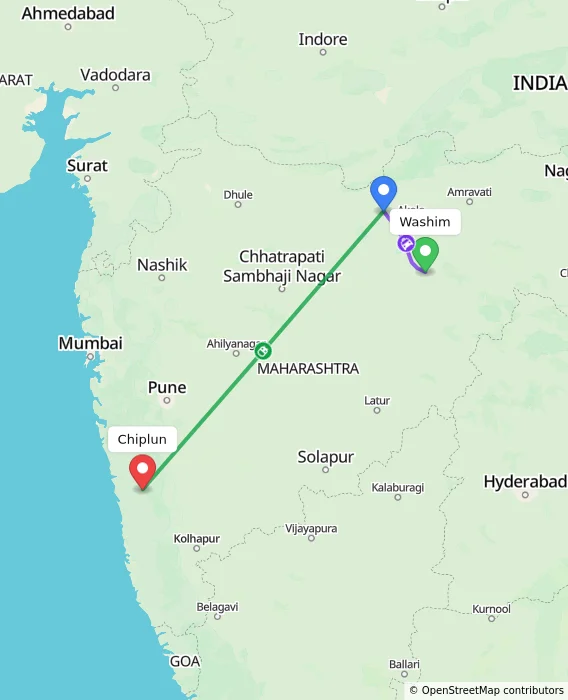 Route map showing distance and travel time from Washim, India to Chiplun, India