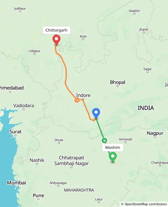 Route map showing distance and travel time from Washim, India to Chittorgarh, India