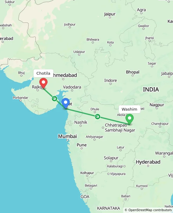 Route map showing distance and travel time from Washim, India to Chotila, India