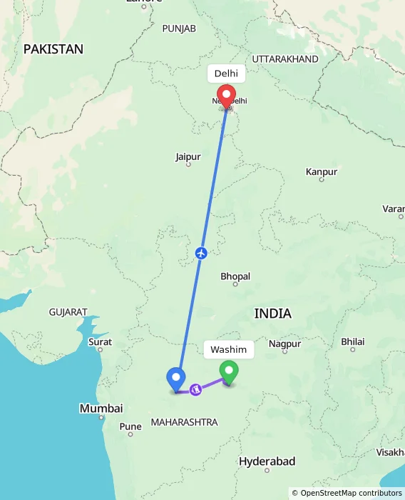 Route map showing distance and travel time from Washim, India to Delhi, India