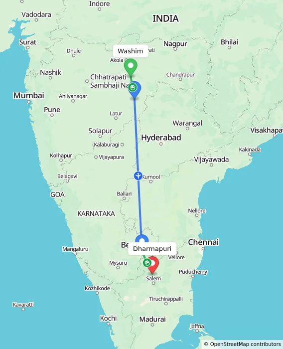 Route map showing distance and travel time from Washim, India to Dharmapuri, India