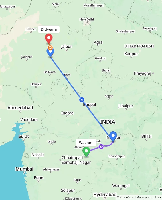 Route map showing distance and travel time from Washim, India to Didwana, India