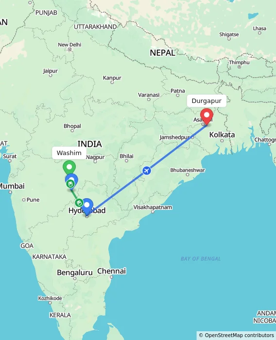Route map showing distance and travel time from Washim, India to Durgapur, India