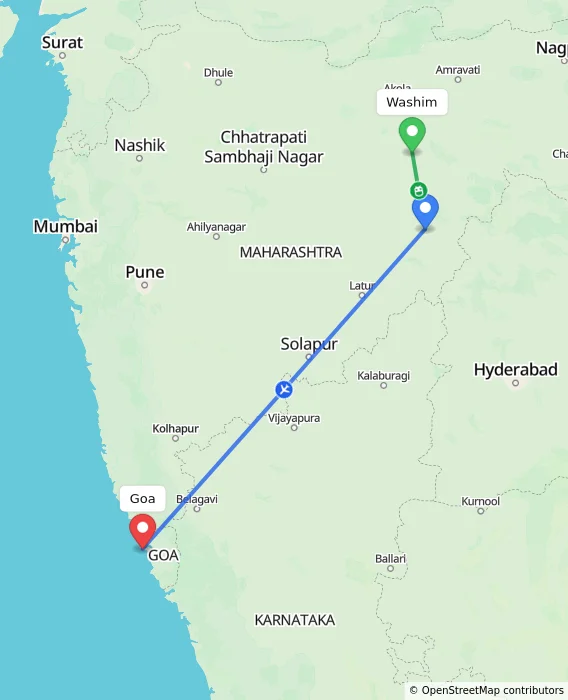 Route map showing distance and travel time from Washim, India to Goa, India