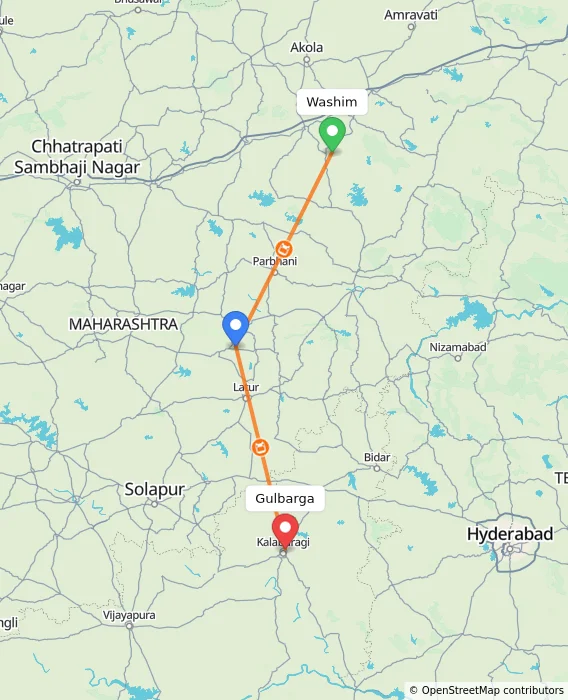Route map showing distance and travel time from Washim, India to Gulbarga, India
