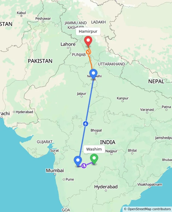 Route map showing distance and travel time from Washim, India to Hamirpur, India