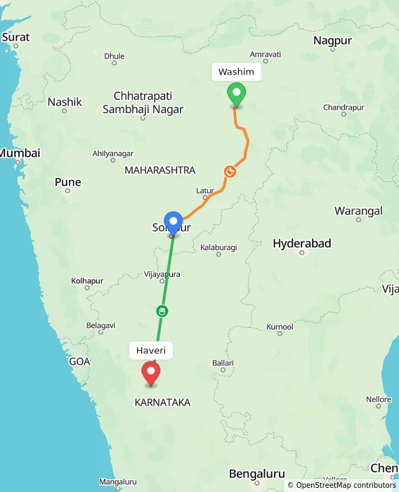 Route map showing distance and travel time from Washim, India to Haveri, India