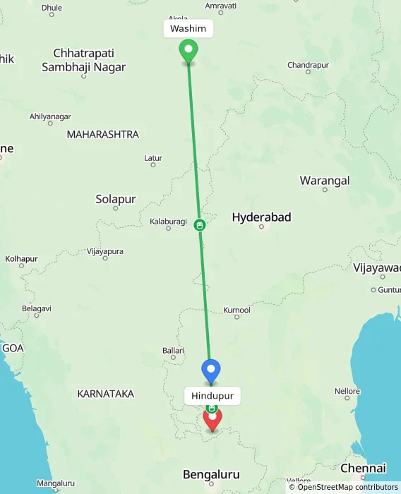 Route map showing distance and travel time from Washim, India to Hindupur, India