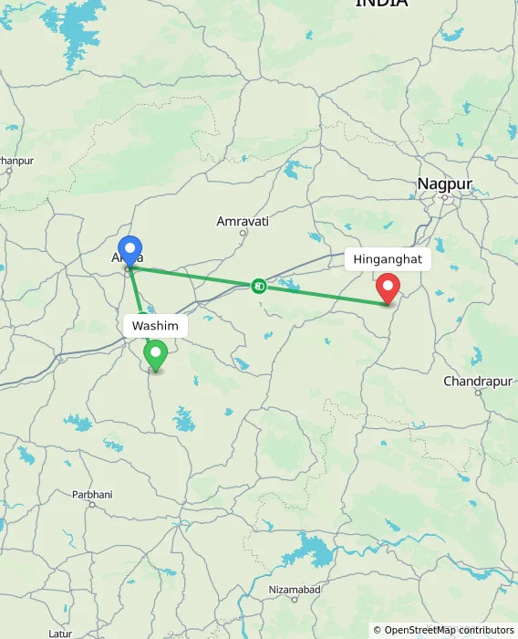 Route map showing distance and travel time from Washim, India to Hinganghat, India