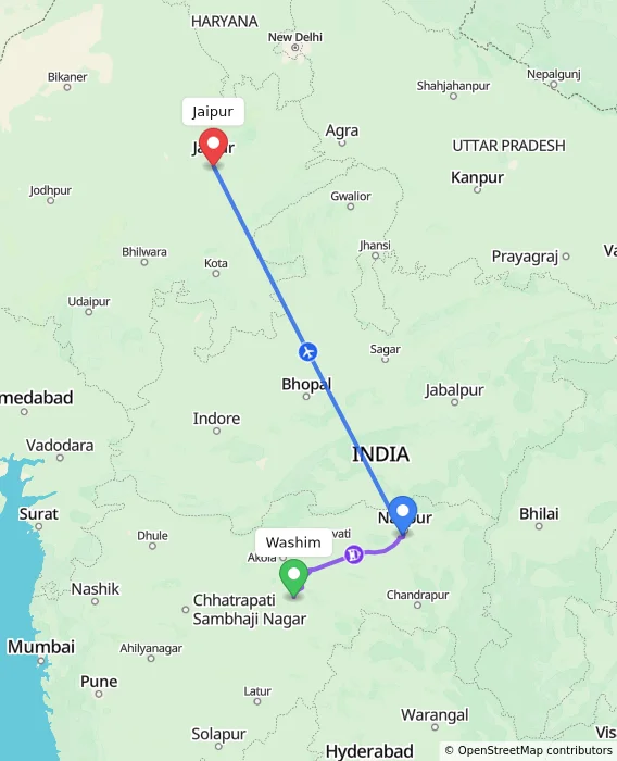 Route map showing distance and travel time from Washim, India to Jaipur, India