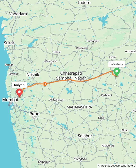 Route map showing distance and travel time from Washim, India to Kalyan, India