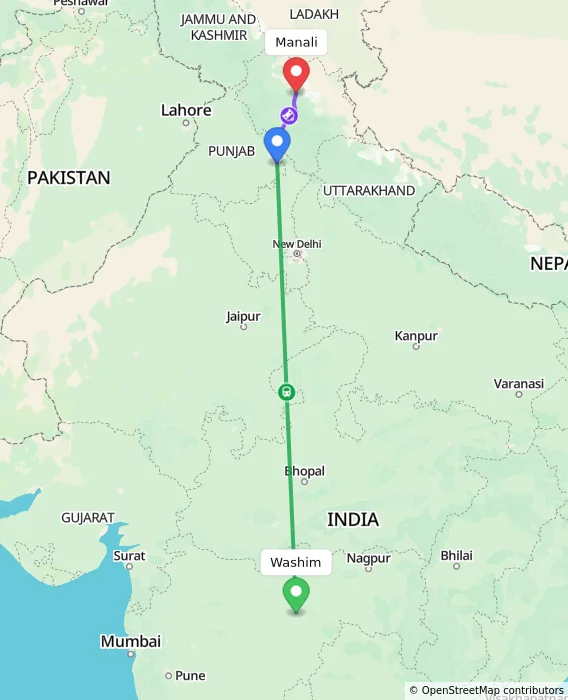 Route map showing distance and travel time from Washim, India to Manali, India