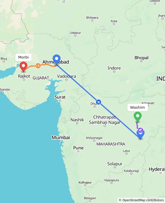 Route map showing distance and travel time from Washim, India to Morbi, India