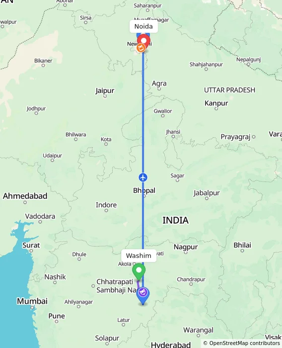 Route map showing distance and travel time from Washim, India to Noida, India